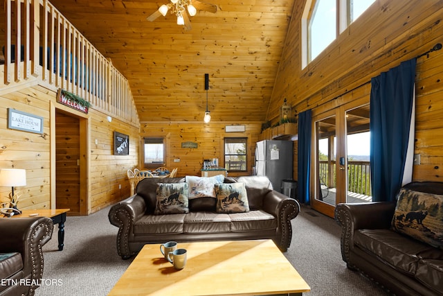 936 Buck Way, Sevierville, TN 37876 - living room with wooden walls, carpet floors, high vaulted ceiling, a ceiling fan, and wooden ceiling