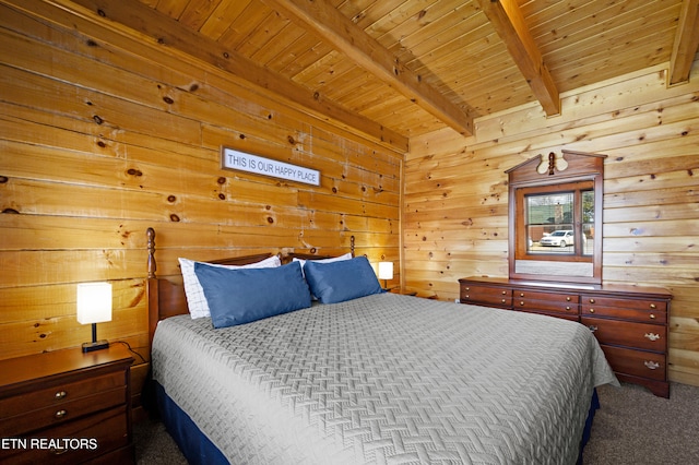 936 Buck Way, Sevierville, TN 37876 - bedroom featuring wooden walls, wood ceiling, beam ceiling, and carpet