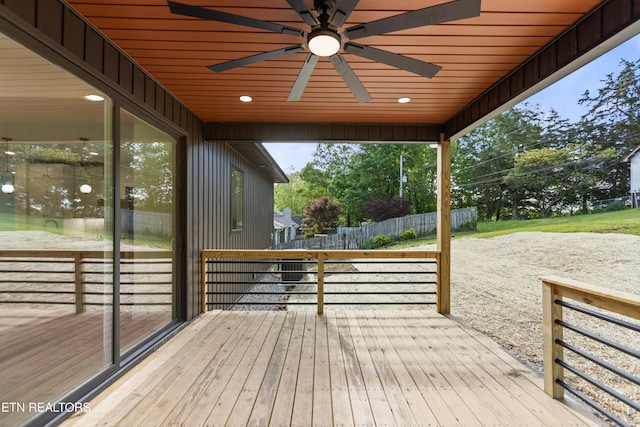 deck featuring ceiling fan and fence