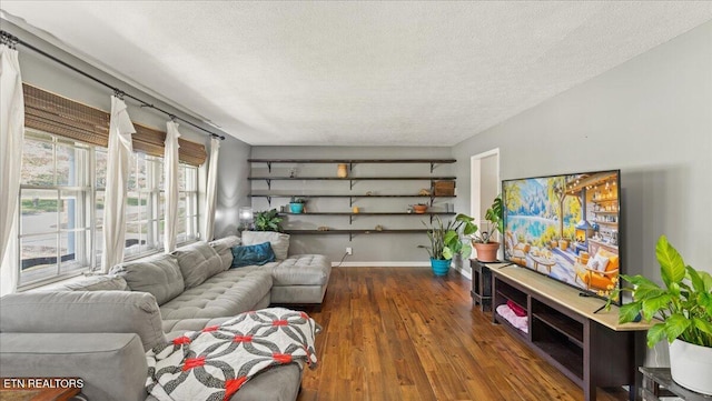 living area with baseboards, a textured ceiling, and hardwood / wood-style flooring
