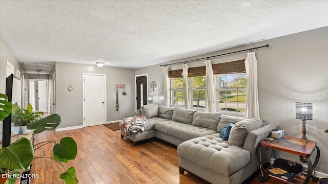 living area featuring a textured ceiling, baseboards, and hardwood / wood-style floors