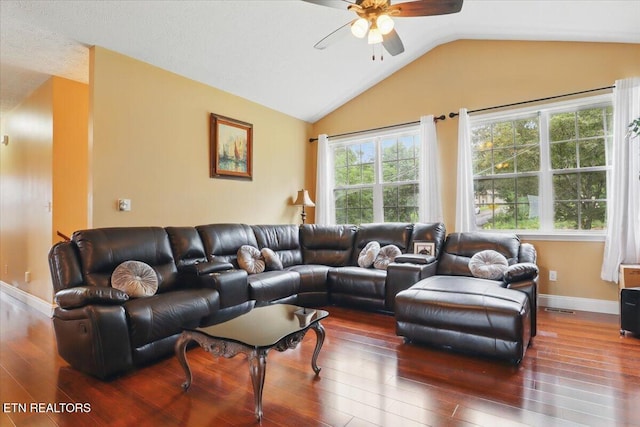 12116 W Kings Gate Rd, Farragut, TN 37934 - living room featuring wood finished floors, ceiling fan, lofted ceiling, and baseboards