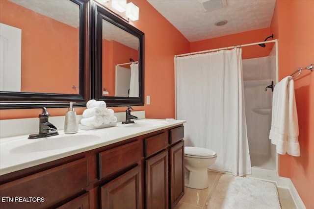 12116 W Kings Gate Rd, Farragut, TN 37934 - bathroom featuring double vanity, toilet, a shower with shower curtain, tile patterned flooring, and a textured ceiling