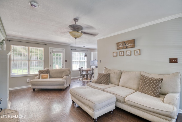 living area with crown molding, baseboards, and dark wood-style flooring