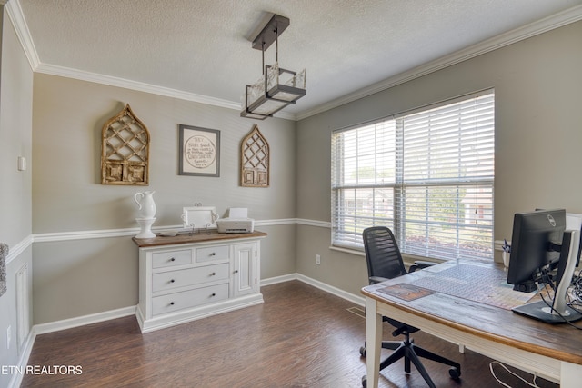 office area with dark wood-type flooring, a textured ceiling, and crown molding