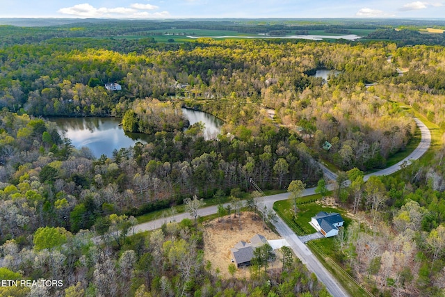 drone / aerial view with a water view and a forest view
