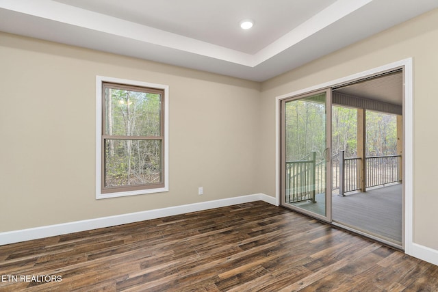 spare room with recessed lighting, baseboards, dark wood finished floors, and a wealth of natural light