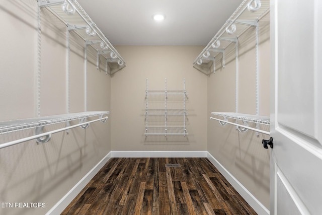 walk in closet featuring dark wood-style flooring