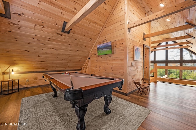 game room with wood ceiling, beamed ceiling, wood walls, and pool table