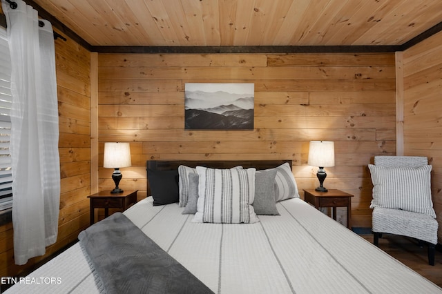 bedroom featuring wooden walls and wooden ceiling