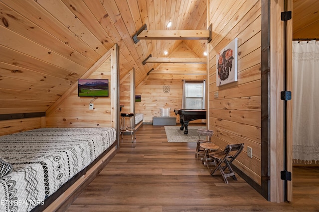 bedroom featuring wood ceiling, wood finished floors, vaulted ceiling, and wooden walls