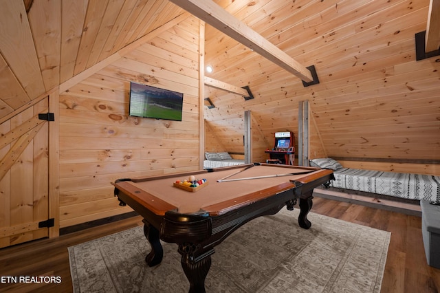 game room with wood walls, wood finished floors, billiards, wood ceiling, and lofted ceiling with beams