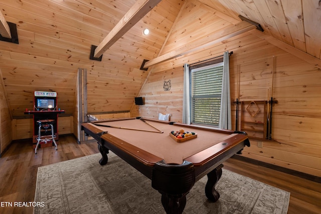 rec room with wood walls, wood finished floors, wood ceiling, pool table, and lofted ceiling with beams