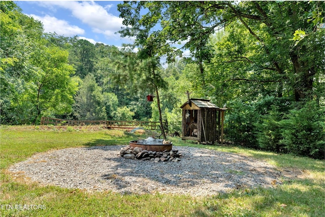 3009 Winding Way, Cosby, TN 37722 - view of yard featuring a fire pit, a storage shed, and a view of trees