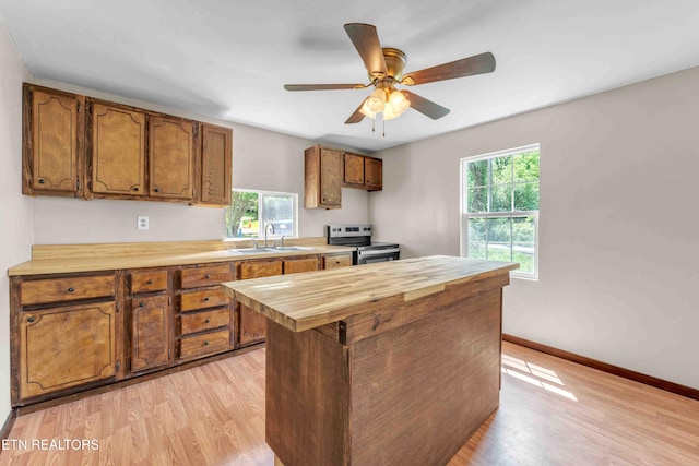 1526 W View St, Athens, TN 37303 - kitchen featuring wooden counters, stainless steel electric range oven, brown cabinets, a sink, and light wood-style flooring