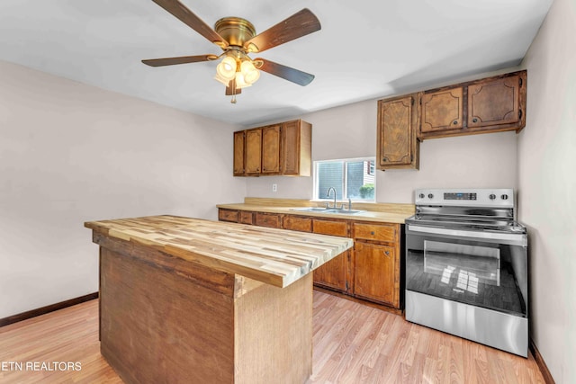 1526 W View St, Athens, TN 37303 - kitchen with butcher block counters, a kitchen island, stainless steel electric stove, a sink, and light wood-style flooring