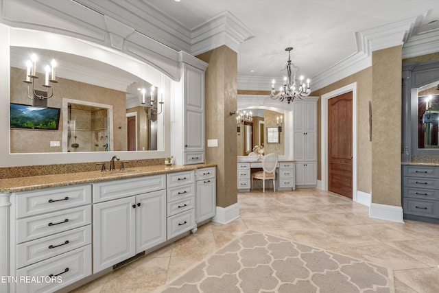 bathroom featuring crown molding, vanity, baseboards, a notable chandelier, and tiled shower