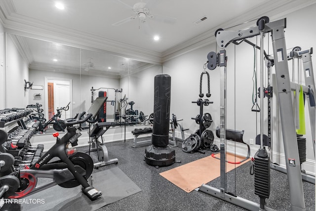 workout area with visible vents, a ceiling fan, recessed lighting, and ornamental molding