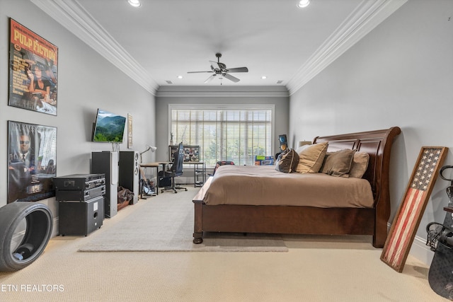 bedroom featuring ornamental molding, carpet, and recessed lighting
