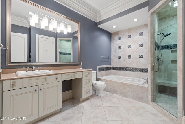 full bathroom with vanity, ornamental molding, a bath, and a stall shower