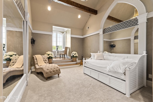 bedroom featuring baseboards, carpet flooring, beam ceiling, and visible vents