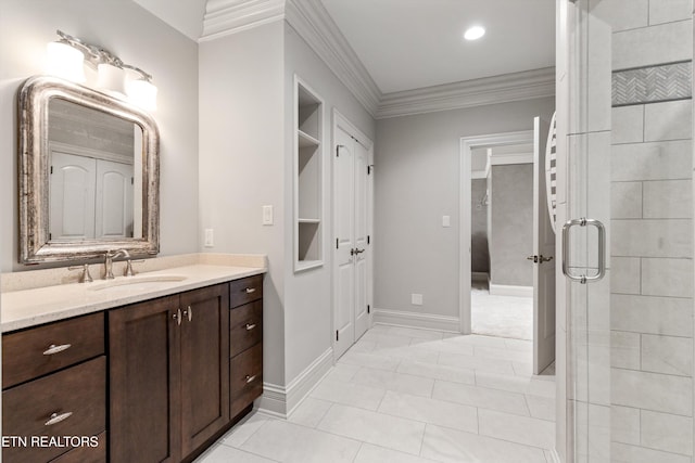 full bathroom featuring tile patterned flooring, vanity, recessed lighting, ornamental molding, and a stall shower