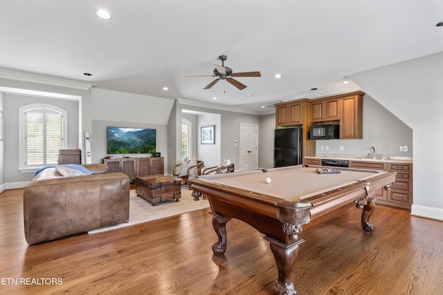 recreation room featuring light wood-type flooring, billiards, and a wealth of natural light