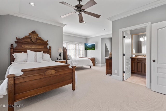 bedroom featuring light colored carpet, recessed lighting, baseboards, and crown molding