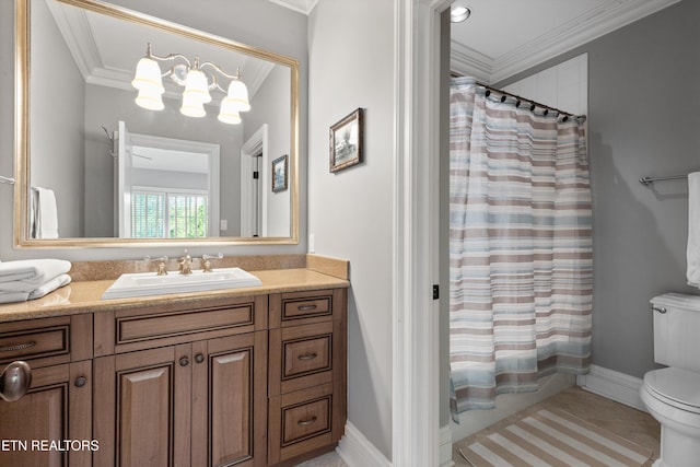 full bathroom with vanity, toilet, a chandelier, curtained shower, and ornamental molding