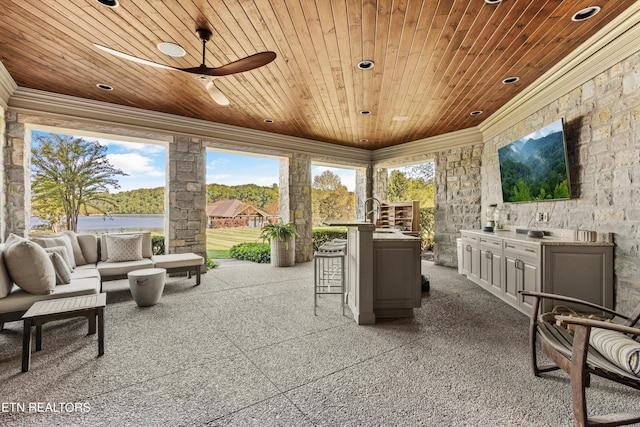 view of patio with a ceiling fan, an outdoor living space, and area for grilling
