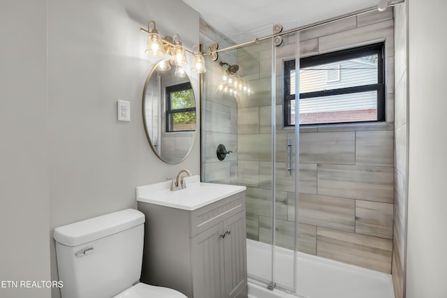 bathroom with vanity, a wealth of natural light, toilet, and a shower stall