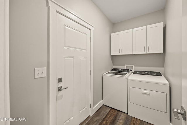 448 Taylor Rd, Byrdstown, TN 38549 - laundry room featuring baseboards, dark wood finished floors, cabinet space, and washer and clothes dryer
