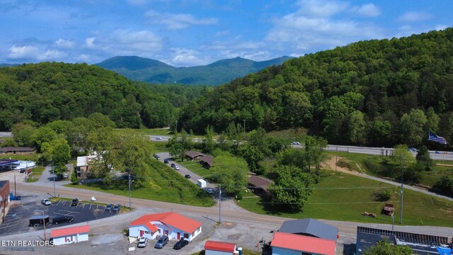 aerial view featuring a mountain view and a forest view
