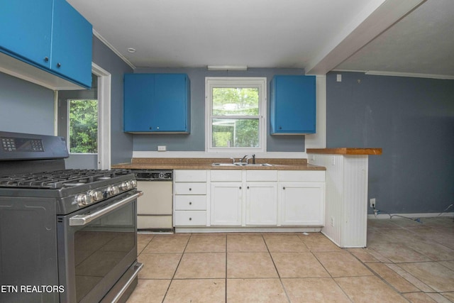 kitchen featuring stainless steel range with gas cooktop, blue cabinets, a sink, and dishwasher