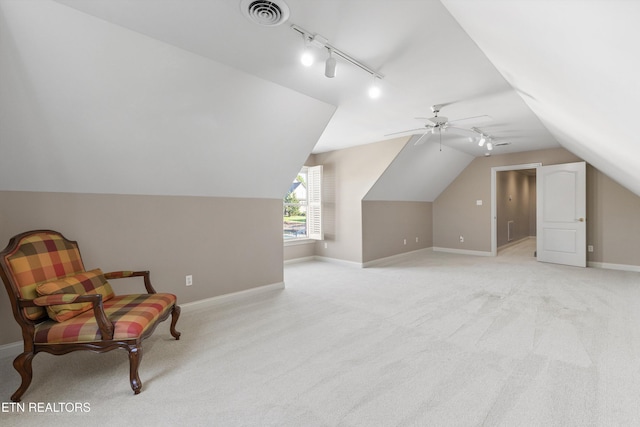 1614 Pinnacle Point Dr, Alcoa, TN 37701 - interior space featuring ceiling fan, light colored carpet, track lighting, lofted ceiling, and visible vents
