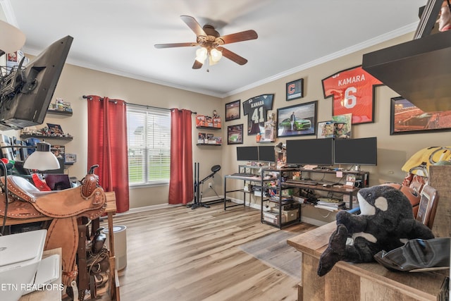 home office with baseboards, ceiling fan, ornamental molding, and wood finished floors