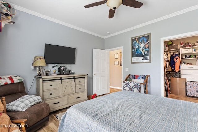 bedroom featuring crown molding, a ceiling fan, light wood-type flooring, a spacious closet, and a closet