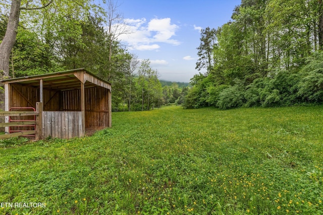 view of yard featuring an outbuilding, an outdoor structure, and a forest view