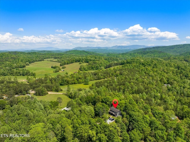birds eye view of property with a view of trees and a mountain view