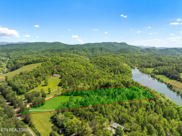 birds eye view of property with a water and mountain view and a wooded view