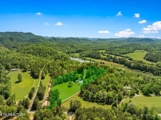 drone / aerial view with a mountain view and a forest view