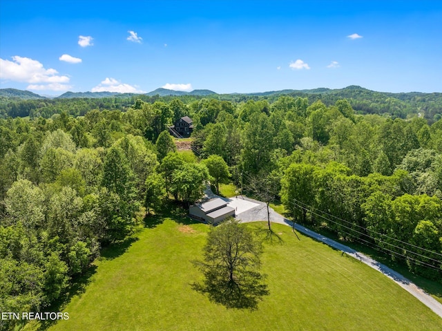 aerial view with a mountain view and a forest view