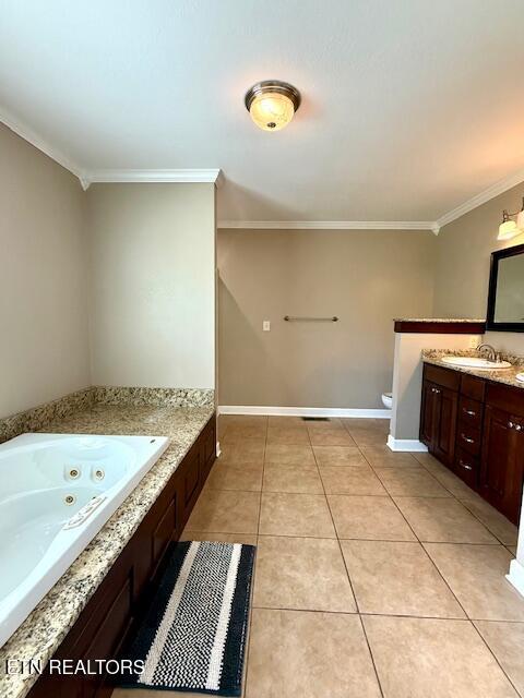 217 Loomis St, Tellico Plains, TN 37385 - full bath with crown molding, tile patterned flooring, a tub with jets, vanity, and toilet