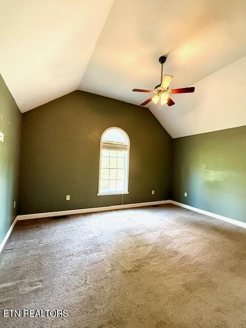 217 Loomis St, Tellico Plains, TN 37385 - bonus room featuring baseboards, ceiling fan, carpet, and vaulted ceiling