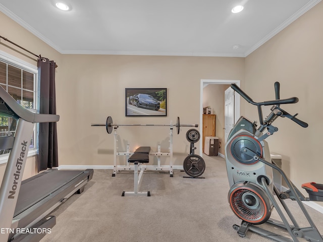 workout room with crown molding, baseboards, and recessed lighting