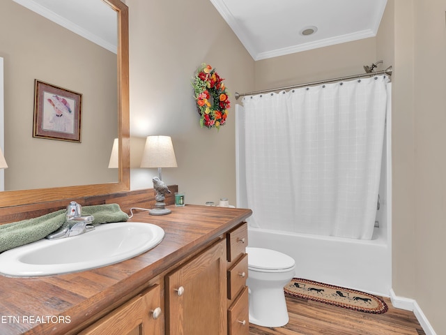 full bathroom featuring shower / bath combo, vanity, toilet, wood finished floors, and ornamental molding