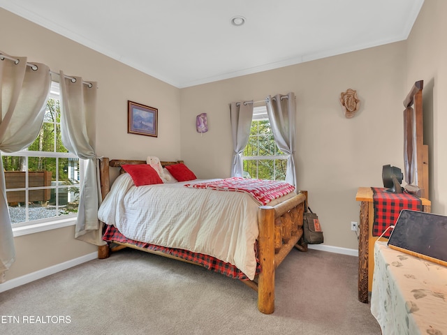 bedroom with crown molding, baseboards, and carpet flooring