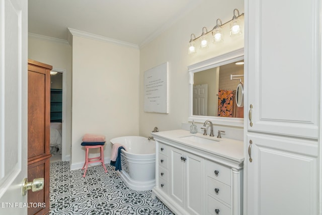 full bath featuring vanity, ornamental molding, tile patterned flooring, baseboards, and a soaking tub