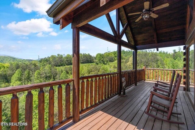 4430 Shangrila Way, Sevierville, TN 37876 - wooden terrace with ceiling fan and a forest view