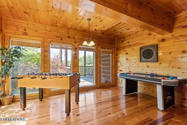 4430 Shangrila Way, Sevierville, TN 37876 - playroom featuring wooden walls, an inviting chandelier, wood ceiling, and light wood-style floors